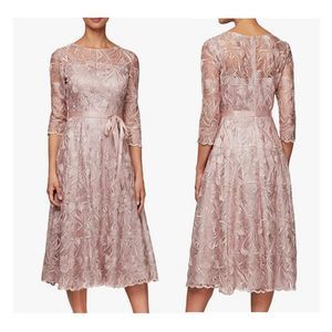 Dress Alex Evenings Lace flowers Dusty Rose Tea Length sz20 3/4 sleeves